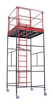 Torre de andaime tubo roll sobre rodízios, com plataforma e escada de acesso interna